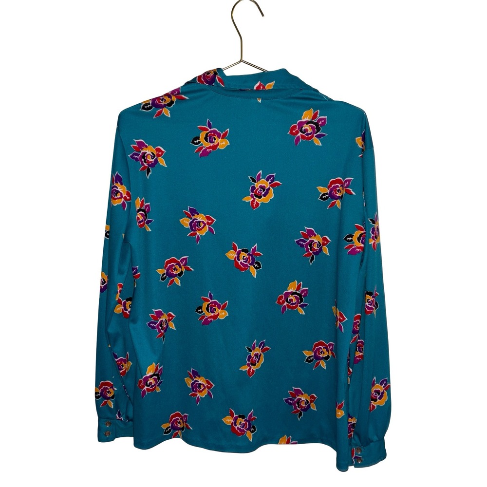 Vintage Teal Floral ButtonUp Blouse LongSleeve Retro Rose Print Top Size P2P 25" - Picture 2 of 3